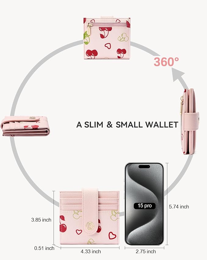 BOSTANTEN Slim Wallet for Women Small RFID Blocking Credit Card Holder Leather Bifold Wallets with Zipper Coin Pocket Cherry Print