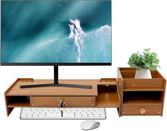 Monitor Stand Wooden Desktop Organizer with Lockable Drawers & Keys & Phone Holder Vintage Multi Compartment Desk Shelf for Home,Office (Z0801)