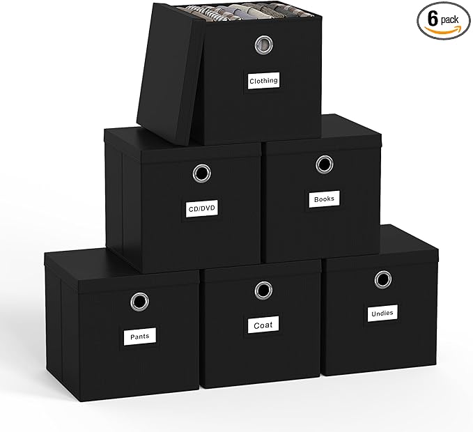 Pezin & Hulin Collapsible Fabric Storage Cubes with Lids, Foldable Cube Storage Bins for Closet Organzier, Lidded Home Storage Boxes with Label Cards, 6-Pack, Black (11×11×11 inches)