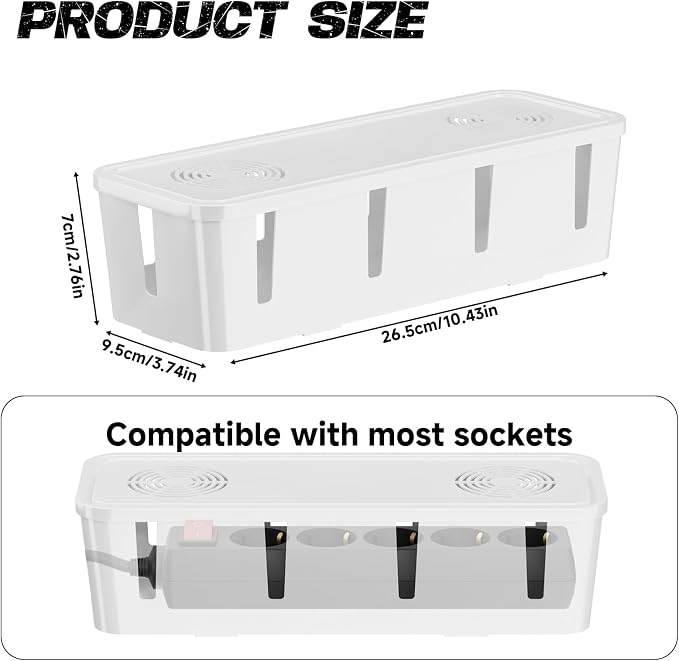 Cable Management Box, Cable Organizer Box and Power Strip Box, Power Strip Protector Box - Wire Box Hider for Desk - 10 Open Slots (White)
