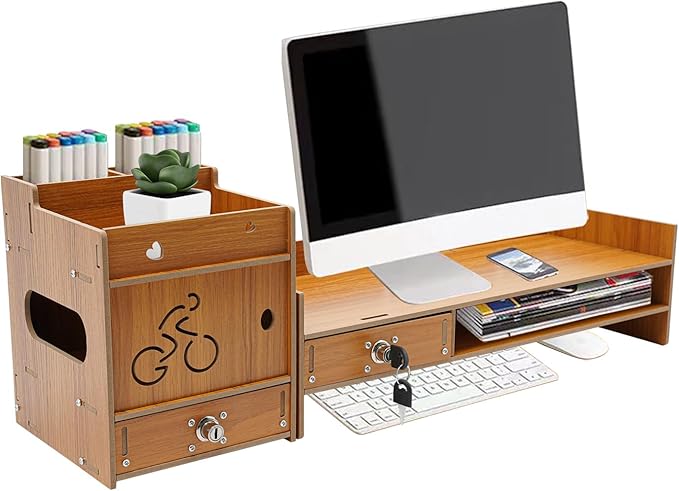 Desktop Monitor Stand, Computer Monitor Stand for Desk, Monitor Riser with Drawer, Desk Monitor Stand Underneath Storage for Office (Cherry Wood Color)