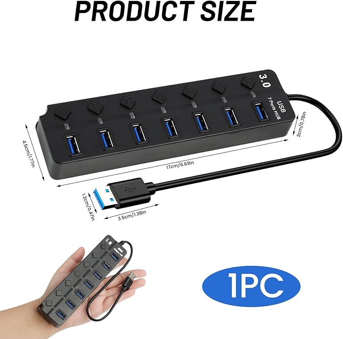 7-Port USB 3.0 Hub with Individual On/Off Switches, 5Gbps Data Transfer USB Splitter for Laptop, PC, Desktop, MacBook, Keyboard, Mouse, Flash Drive, Printer