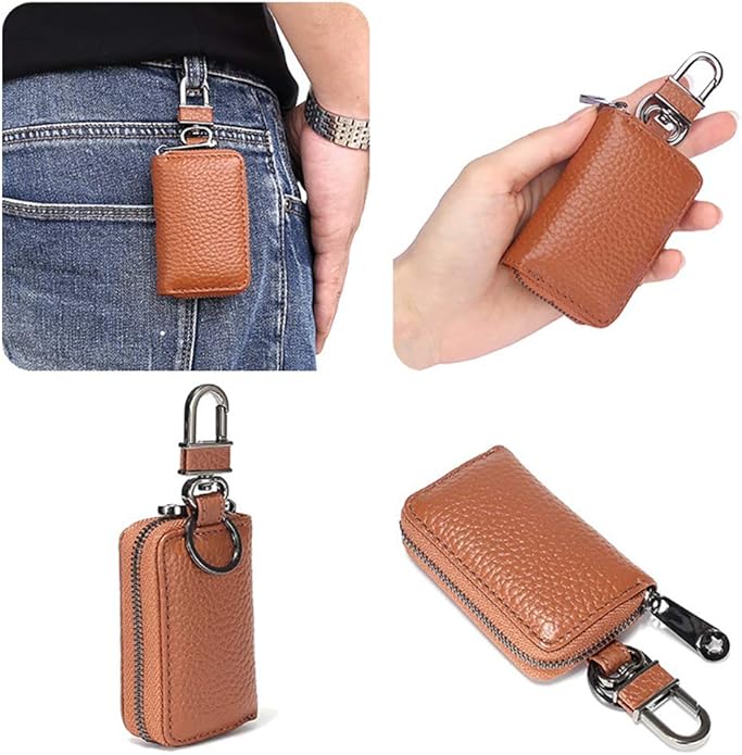 Leather Key Case Holder Auto Key Chain Protector Cover Zipper Bag Remote Fob for Car