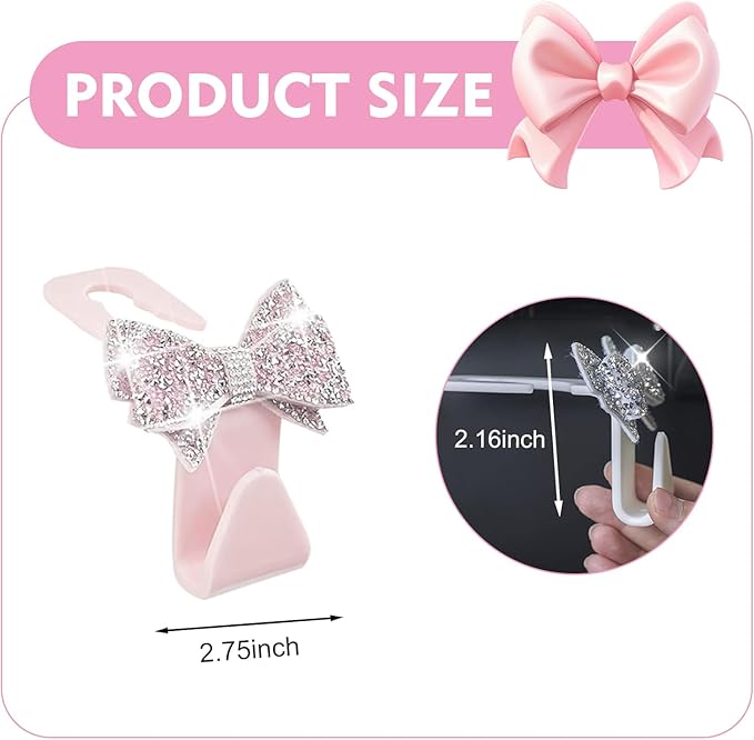 2 PCS Bling Bow Car Headrest Hook, Diamond Sparkling Invisible Seat Headrest Hooks, Vehicle Storage Organizer with Butterfly Bow Vent Clip for Purses, Bags, Groceries (Pink)