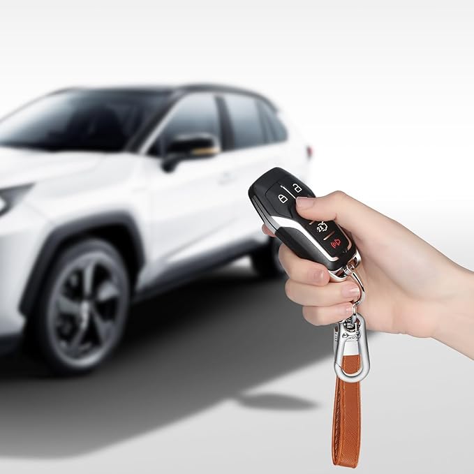 QBUC Genuine Leather Car Keychain,Universal Heavy Duty Metal Key Chain Accessories,Car Fob Key Keychain Holder with 360 Degree Rotatable Snap Swivel and Anti-Lost D-Ring for Men Women(Brown)