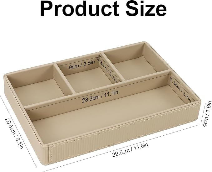 Buqoo PU Leather Valet Tray, Office Supplies Organizer, Stackable Desktop Organizer and Accessories Drawer Organizer for Storing Office Supplies, Jewelry, Cosmetics, Beige