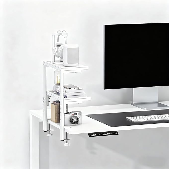 2-Tier Desk Shelf, Expandable Under Desk Storage, Clamp on Desk Shelf, Desktop Accessories for Offices, Study Rooms, and Game Rooms (White)