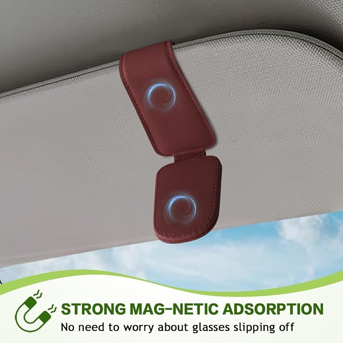 Sunglass Holder for Car, Sunglasses Clip for Car Visor, Magnetic Leather Vehicle Eyeglass Hanger Clip, Auto Ticket Card Glasses Organizer Clamp Accessories for SUV Sedan (Wine Red)