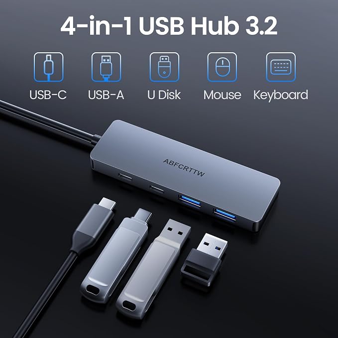 4FT USB C Hub 3.2 Multiport Adapter, 10Gbps Aluminium USB C to USB Hub with 2 USB-A & 2 Type-C Port, USB C Splitter for Thunderbolt, MacBook, Mac mini, Laptop, Desktop, etc.