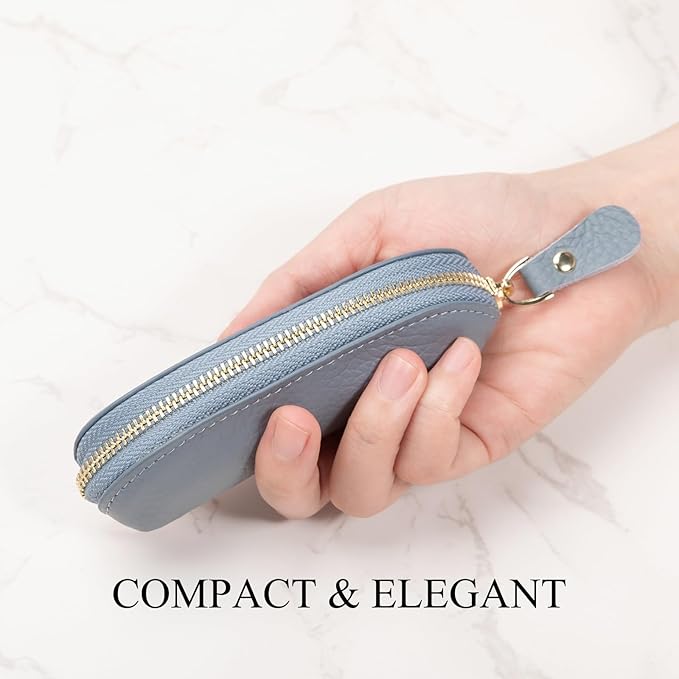 Full Grain Leather Coin Pouch - Travel Small Coin Purse with Zipper - Mini Key Pouch Change Purse for Women and Men (Powder Blue)