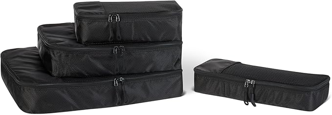 Amazon Essentials 4-Piece Space-Saving Packing Cubes Travel Accessories Set, Luggage Organizer with Double Zipper, Mesh Top, Small/Medium/Large/Slim, Black (Previously Amazon Basics)