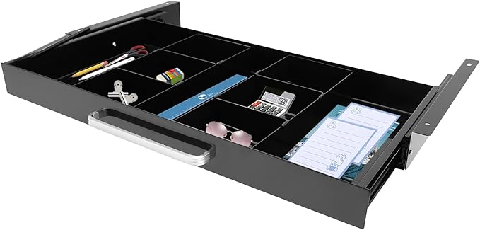 Under Desk Pull-out Drawer with Adjustable Divider for Storing Pencil and Office Accessories Under Desk Mounted Tray Organizer for Sit Stand Workstation, 21.5x10.2x2.1in