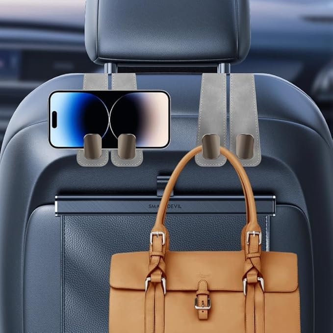 2 Pack Car Hooks for Headrest, Double Car Seat Headrest Hooks, Car Seat Back Storage Hook for Purses and Bags, Leather Purse Hook for Car, Car Bag Hooks Gray