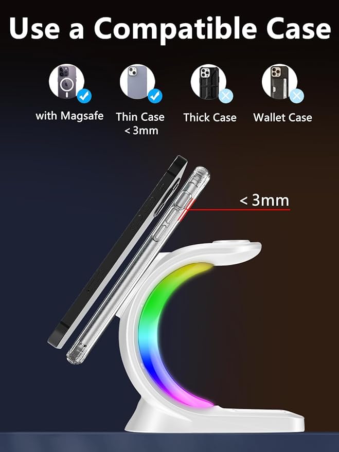 Mag-Safe 3 in 1 Wireless Charging Station, [6-Color RGB Light] 15W Fast Magnetic Wireless Charger Stand for Multiple Devices Apple, for iPhone 17/Air/16/15 Pro Max, for iWatch 2 to 9