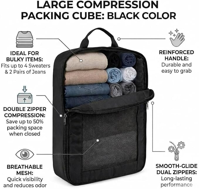 G-FORCE 3PC Compression Mesh Mid-Rectangular Packing Cube Set Black Color | Space Saver Travel Organizer | Luggage Compression Cubes