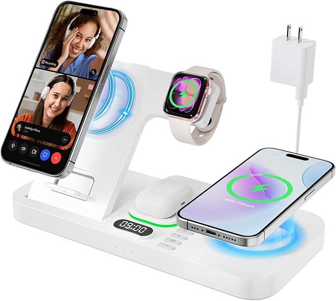 Dual Phone Magnetic Wireless Charging Station for Apple Devices/Apple Ecosystem, 7-Color Auto Light & 12H Clock, Multi-Device Charger for iPhone 17/16/15, for iWatch 11/10/9 & AirPods Pro3(White