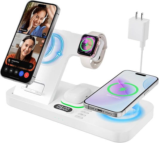 Dual Phone Magnetic Wireless Charging Station for Apple Devices/Apple Ecosystem, 7-Color Auto Light & 12H Clock, Multi-Device Charger for iPhone 17/16/15, for iWatch 11/10/9 & AirPods Pro3(White