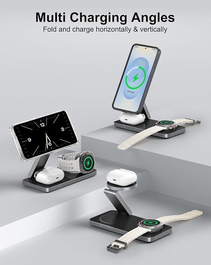 3-in-1 Charging Station for Samsung, Magnetic Fast Wireless Charger Stand Compatible with MagSafe for Galaxy S26/S25/S24/S23/Z Fold/Flip Series, Galaxy Watch Ultra/8/7/6/5, Galaxy Buds Pro/4/3/2