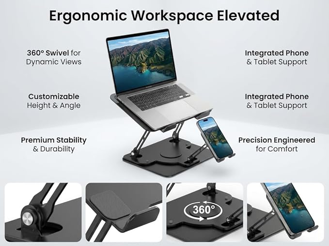 Laptop Stand for Desk,Adjustable Computer Stand with 360° Rotating Base,2-in-1 Laptop Stands with Phone Holder,Ergonomic Laptop Riser for Collaborative Work,fits for All 10-16" Laptops