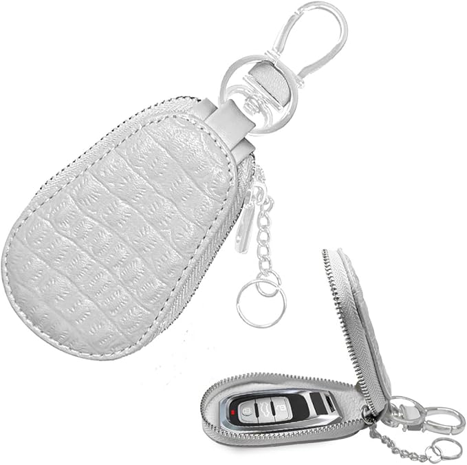 Leather Car Keychain Case Holder - Keyring Zipper Bag Auto Key Fob Cover Case with Metal Hook - Car Key Case Smart Key Fob Protector for Remote Key Fob (White)