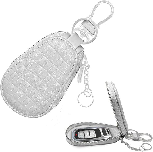 Leather Car Keychain Case Holder - Keyring Zipper Bag Auto Key Fob Cover Case with Metal Hook - Car Key Case Smart Key Fob Protector for Remote Key Fob (White)