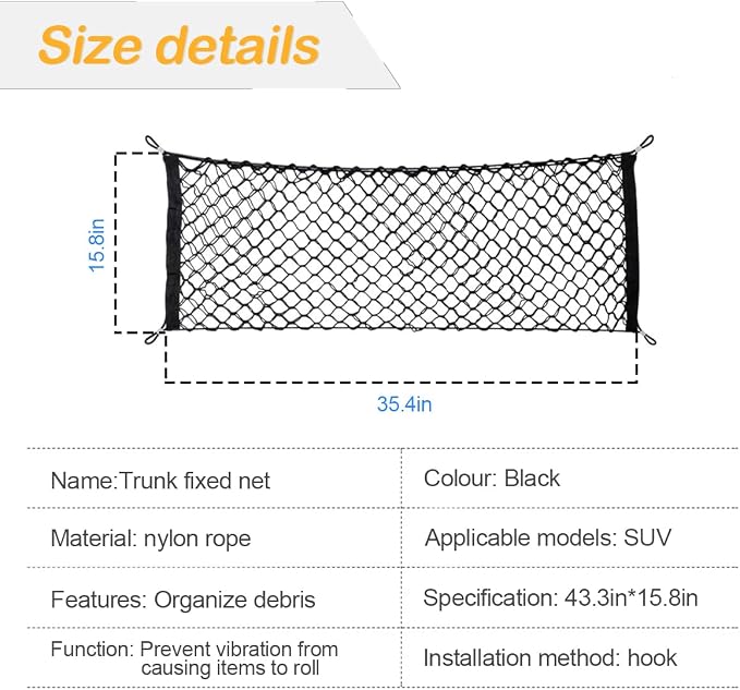 Osilly Car Rear Cargo Net, Double-Layer Adjustable Stretchable Elastic Storage Organizer Net, Trunk Cargo Storage Mesh Net with Hooks, Car Interior Accessories Fit for Vehicle, Trucks, SUV (Small)