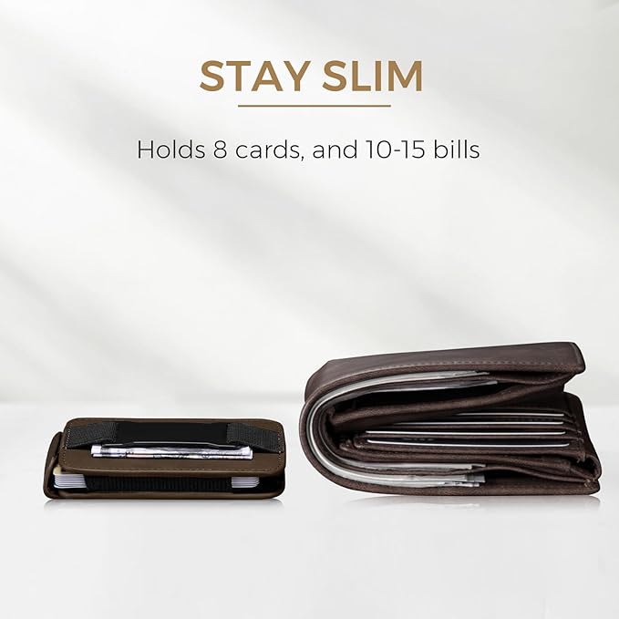 Zitahli Slim Wallet for Men with Pull-Up Tab & Cash Strap - Front Pocket Minimalist Easy Access Card Holder, RFID Blocking, Holds 8 Cards & 10-15 Bills