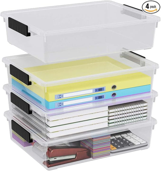 6 Qt Clear Flat Plastic File Storage Bins with Latch Lid, 4-Pack | Stackable Organization Box for Art Supplies, Craft, A4 Paper, Documents
