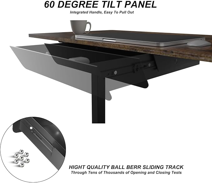 Under Desk Mounted Sliding Drawer with 60 Degree Tilt Panel to Pull Out, 15'' Long & 9'' deep Large Storage Organizer for Sit Stand Workstation