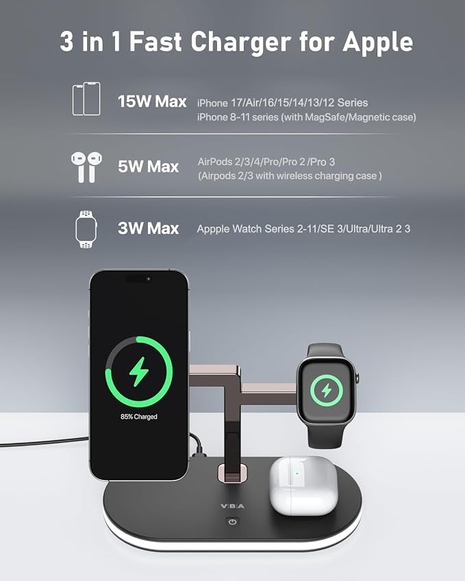 VBA 4 in 1 Wireless Charging Station for Apple MagSafe Charger,Fast Charging Magnetic Wireless Charger Stand with Night Light for iPhone 17 Air 16 15 14 13 12 Series,Apple Watch,AirPods Pro (Black)