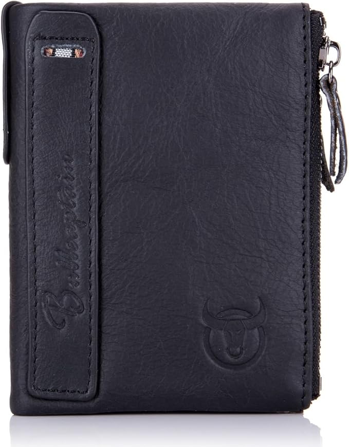 BULLCAPTAIN Genuine Leather Wallet for Men Vintage Bifold with Double Zipper Pockets (Black)