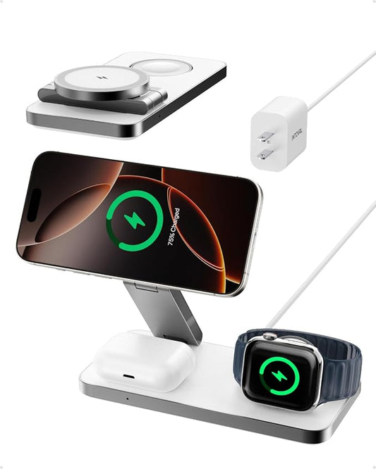 Intoval 3-in-1 Foldable Wireless Charging Station, Qi2 Certified 15W Ultra Fast Wireless Charger for Magsafe, Magnetic Charger Stand for iPhone 17/16/15/14/13/12, Apple Watch & AirPods.(White)