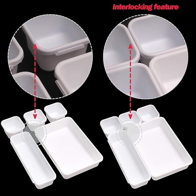 Set of 24 Interlocking Desk Drawer Organizer Tray Dividers Plastic Shallow Narrow Drawers Organizers Separators Storage Bins Container for Kitchen Bathroom Makeup Office Vanity Bedroom Dresser White