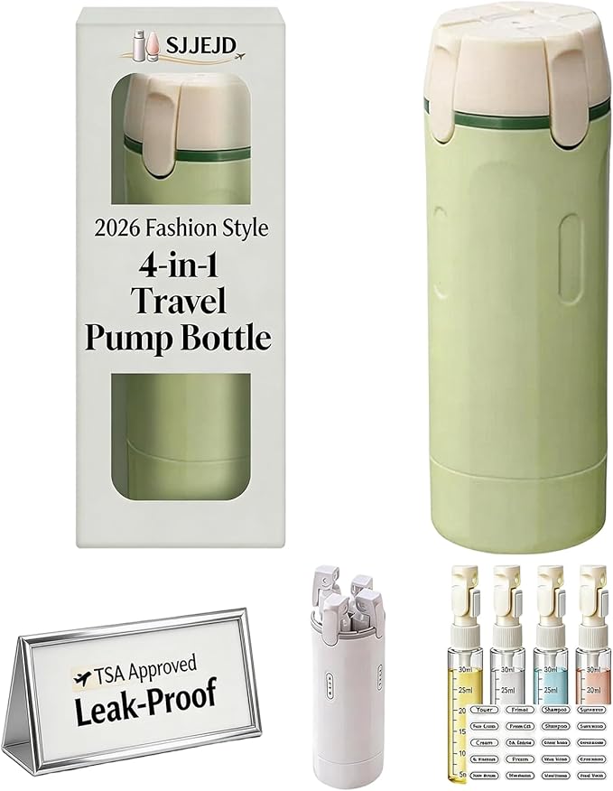 4 in 1 Travel Dispenser Bottle Set, Leakproof TSA Travel Size Containers for Toiletries, Portable Refillable Bottles, Hard Shell Rotating Design with Scale and Labels