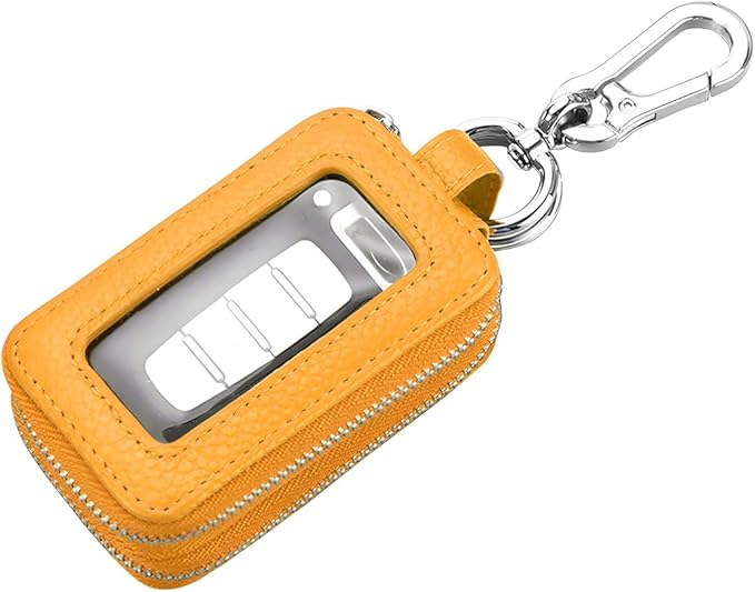 BELOMI Car Key Fob Case, Genuine Leather Remote Keychain Bag with Lanyard and Zipper Closure, Key Protection Cover for Men Women (Yellow)