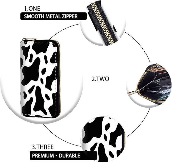Women's RFID Blocking Zip Around Wallet with Detachable Wrist Strap, Large Capacity Credit Card Holder Organizer for Everyday Use,Cow Print