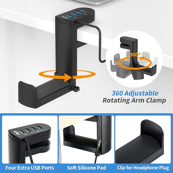 KIWIFOTOS Headphone Stand with 4 USB Ports Hub PC Gaming Headset Holder Hanger 360 Degree Rotation Clamp Under Desk Headphone Hook Mount with Cable Clip Organizer