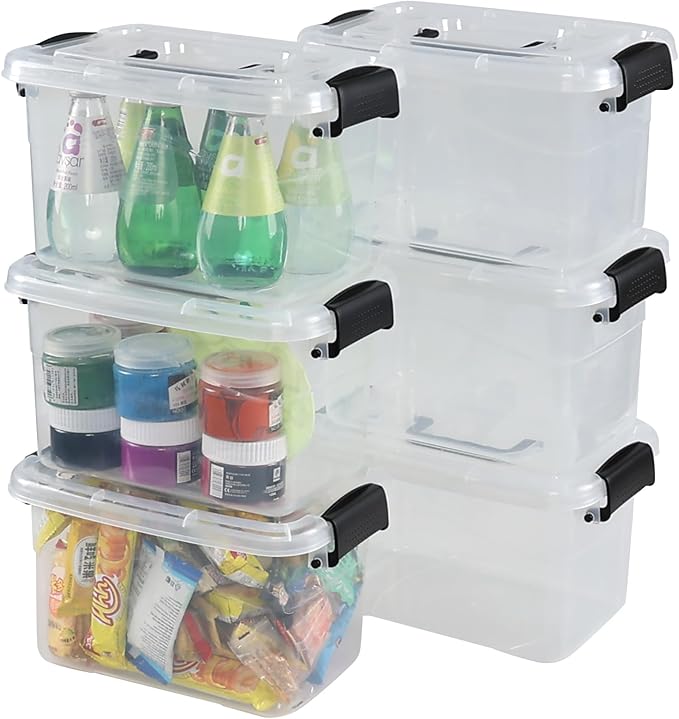 5.5 Quart Clear Small Plastic Storage Box, Latch Storage Bin, 6 Packs