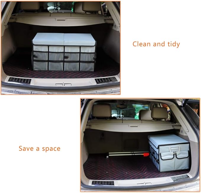Car Trunk Organizer Collapsible Portable Multi Compartments Organizer with Non Slip Straps for SUV Truck Auto Vehicle Car Auto Minivan (Large covered, Space gray)