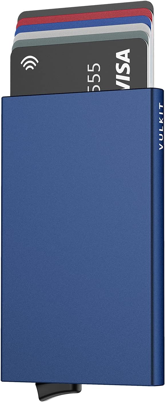 VULKIT Pop Up Wallet, Slim Minimalist Credit Card Holder For Men and Women RFID Blocking Mini Metal Case Navy