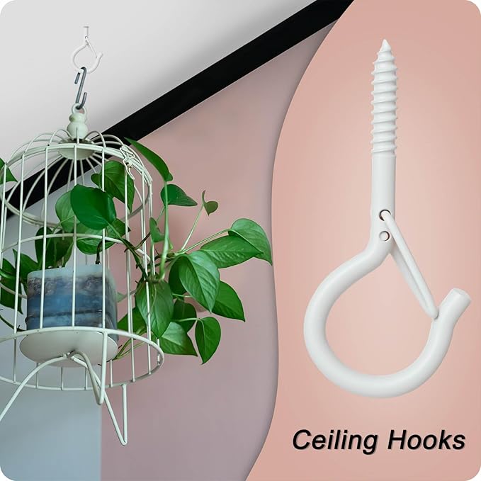 Black Screw Hooks with Safety Lock 2.3" Rustproof Metal Ceiling Hooks for Hanging Plants, Baskets,String Lights & Outdoor Decor, 40LB Capacity (40, White)