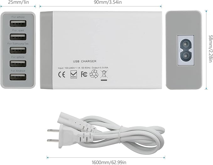 Pezin & Hulin 5 Port USB Wall Charger, 45W, Compatible with Tablet, Phone, Cell Devices
