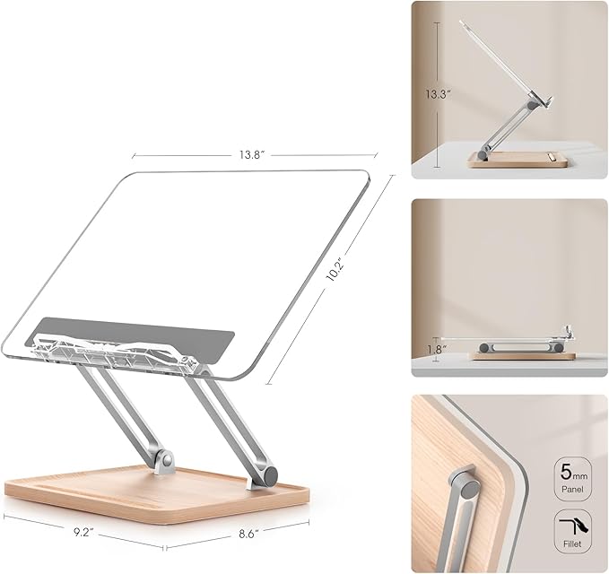 Adjustable Acrylic Book Stand for Reading, Book Holder with Pen Slot, Foldable Desktop Riser for Laptop, Recipe, Textbook - Hands-Free,Cookbook Stand, Clear Design with Page Clips