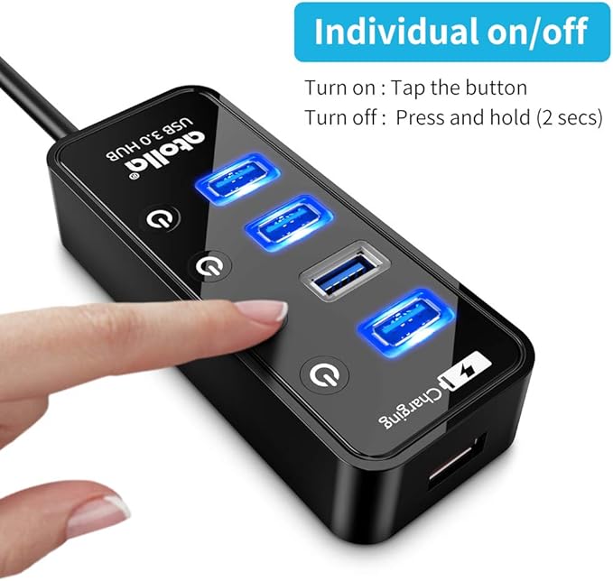 USB 3.0 Hub, atolla 4 Ports Super Speed USB 3 Hub Splitter with On Off Switch with 1 USB Charging Port (Cable Length 2 Feet, No AC Adapter) (4-Port hub)