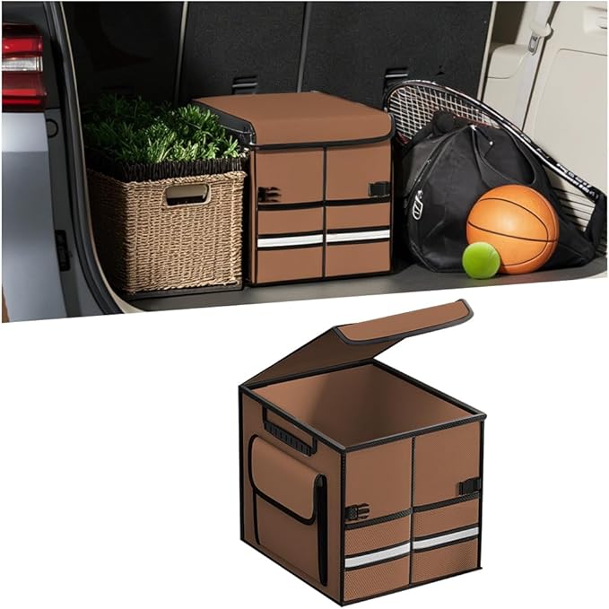 Car Trunk Organizer, Collapsible Multi Compartment Waterproof Sturdy Vehicle Trunk Container Box, Sturdy Automotive Interior Storage Organization, Universal for SUV Caravan Truck (Coffee)