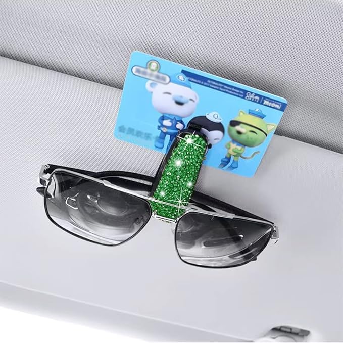 Turcee Set of 2 Bling Rhinestone Car Sun Visor Glasses Holders with Anti-Scratch Sponge,Car Decoration for Women Girls,Ticket Card Clip Visor Organizer (Green)