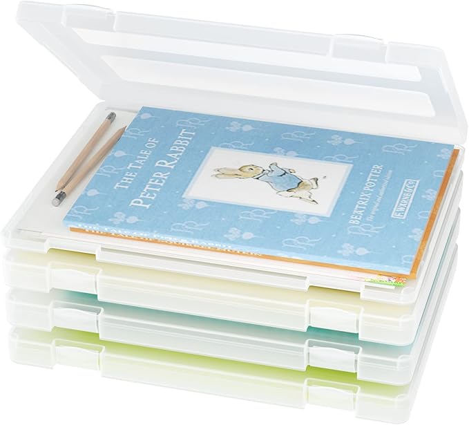 4-Pack A4 Plastic Paper Organizer Box, Scrapbook Storage for 8.5” x 11” Letter Papers, Portable Document Holder, Photo Storage Box Sticker Art Supplies Organizers, 12.2” x 8.9” x 0.7” Inner Size
