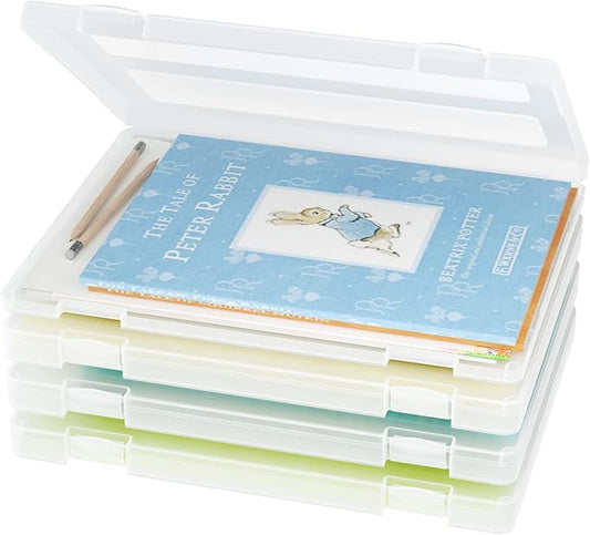4-Pack A4 Plastic Paper Organizer Box, Scrapbook Storage for 8.5” x 11” Letter Papers, Portable Document Holder, Photo Storage Box Sticker Art Supplies Organizers, 12.2” x 8.9” x 0.7” Inner Size