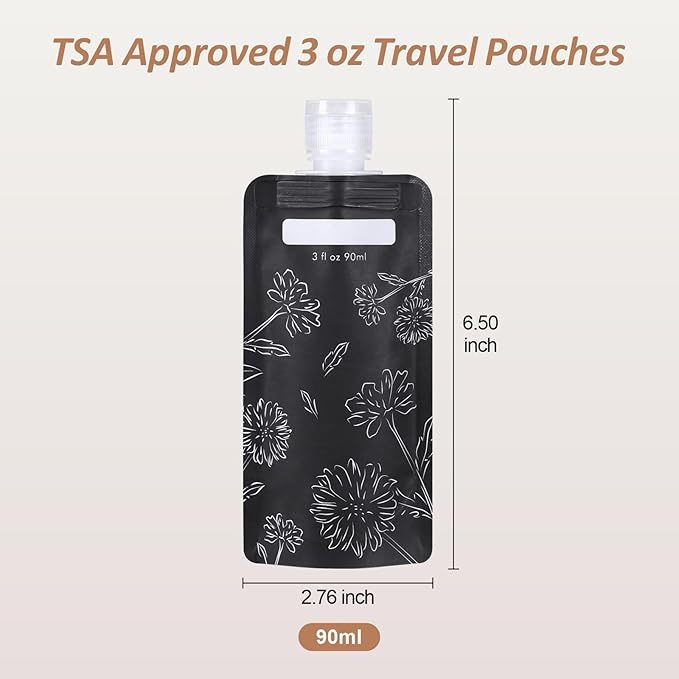 PACKISM 12 Pack Travel Pouches for Toiletries - 3 oz Leak Proof TSA Approved Liquid Containers, Squeeze Bags for Shampoo Lotion, Space Saving Refillable Carriers, Black Beige Chamomile