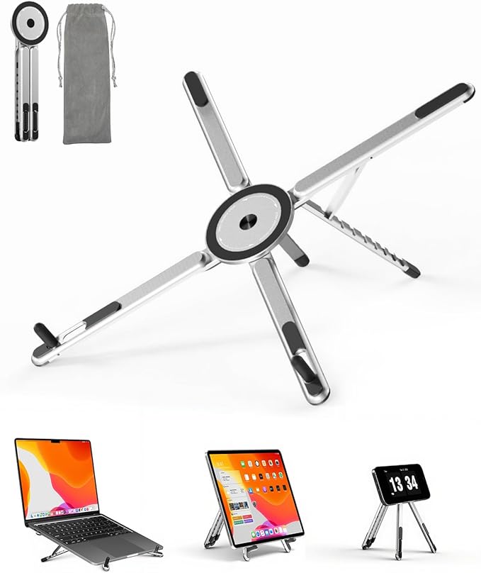 Viozon Portable Laptop Stand for Desk, Foldable Adjustable Computer Riser with Magnetic Phone Holder, Aluminum Laptop Stand for 10–16” Laptops & 4–13” Phones/Tablets (Silver)
